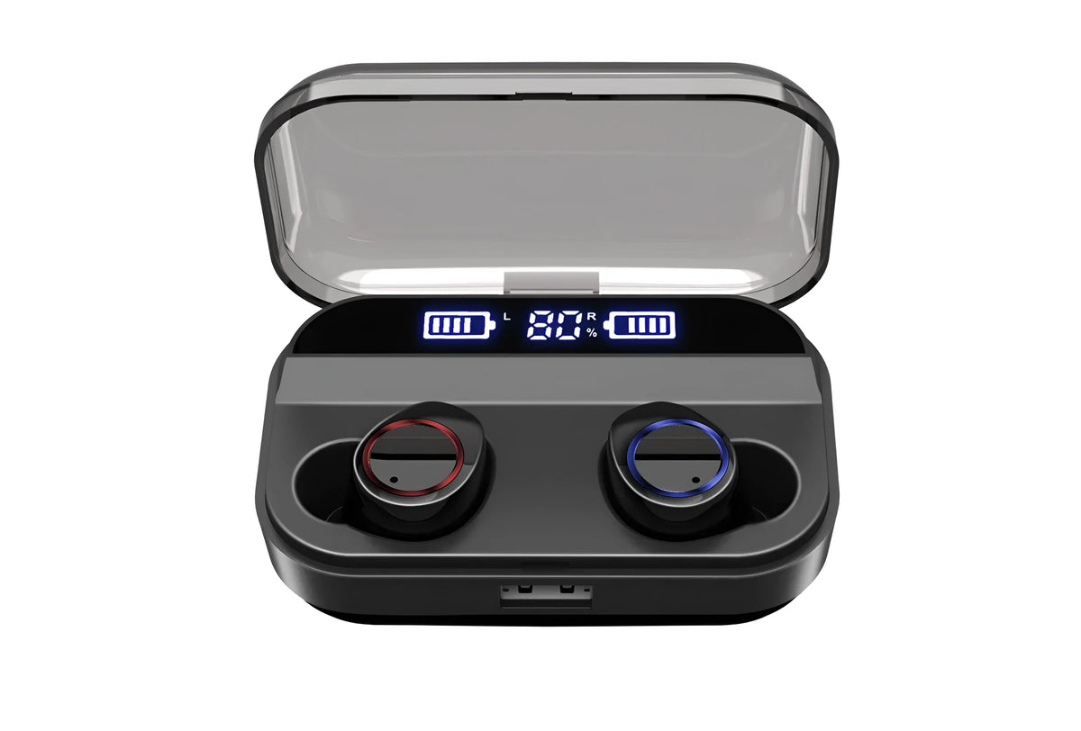 Black X11 Bluetooth wireless earbuds with charging case and silicone ear tips