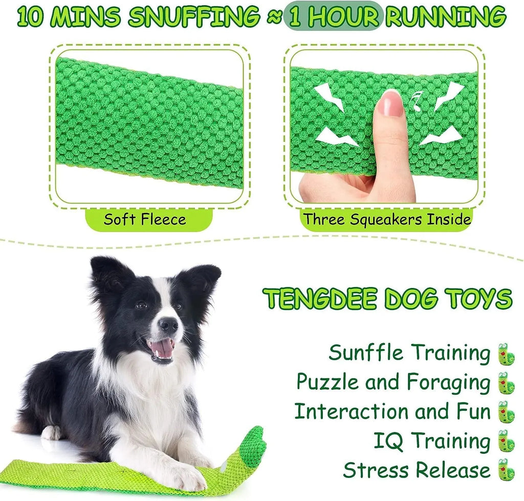 Squeak dog puzzle toy in frog snail or snake design with foraging holes and transformable shape