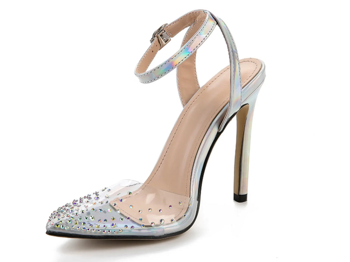 Women's pointed toe sandals with stiletto heel and diamond detail, made from PVC, shown on a size chart.