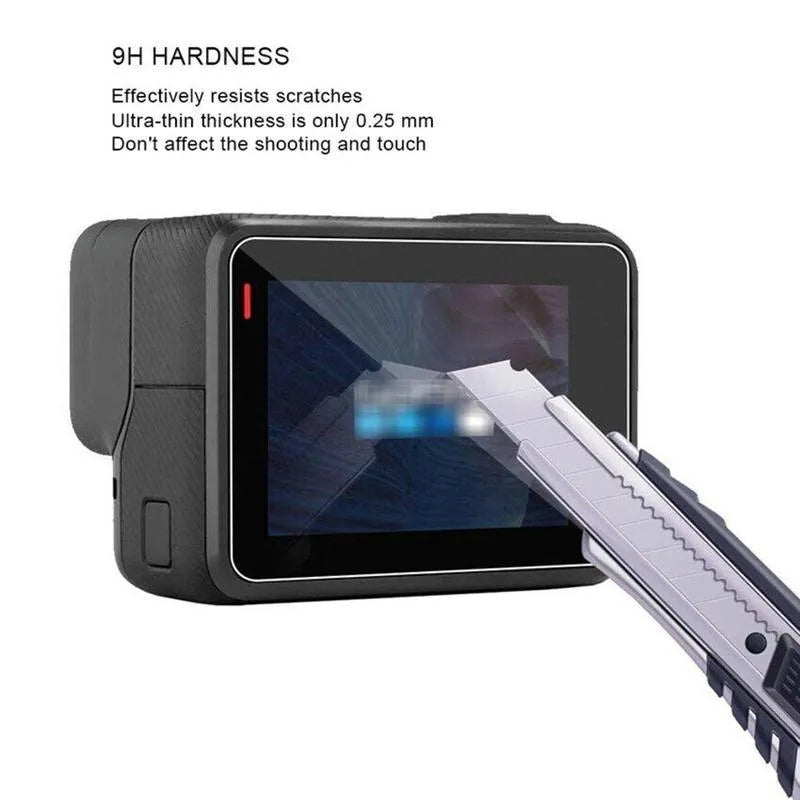 Transparent 9H tempered glass screen and lens protector films for GoPro Hero 5, 6, and 7 cameras.