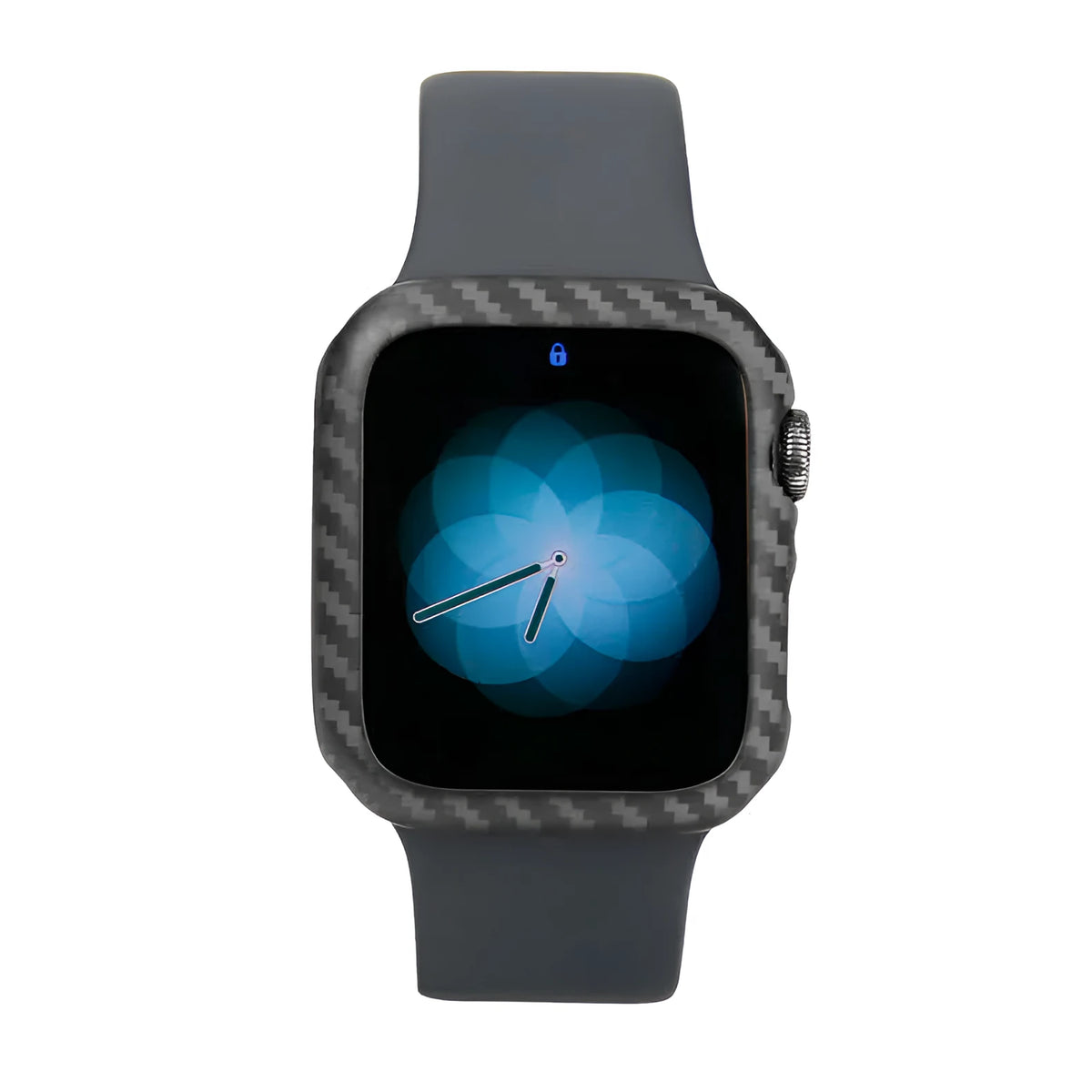 Apple Watch Series 4 44mm in a slim carbon fibre and leather half-wrap case in black.
