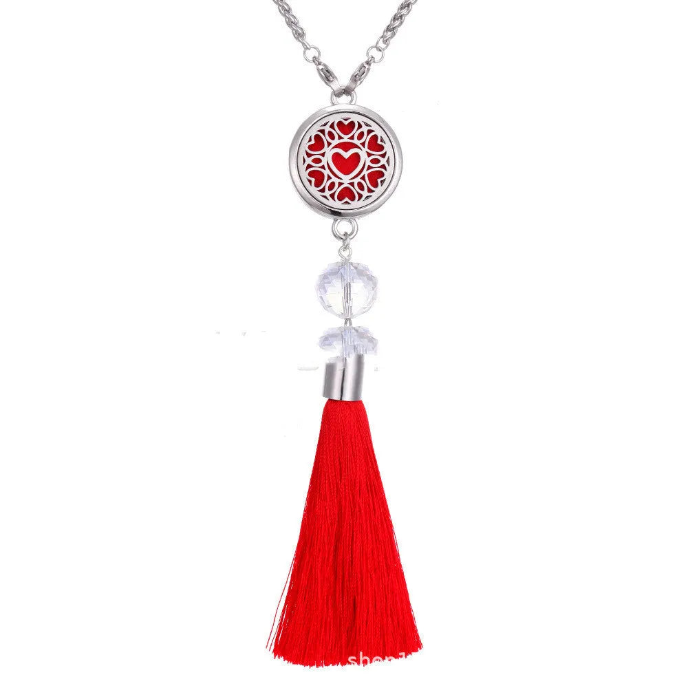 Silver alloy tassel car fragrance pendant hanging on a 50cm chain with colourful scented cotton pieces