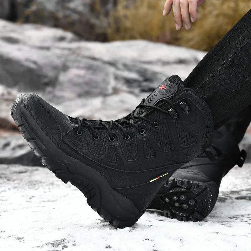 Cowhide leather hi-top hiking shoes for outdoor activities in beige colour