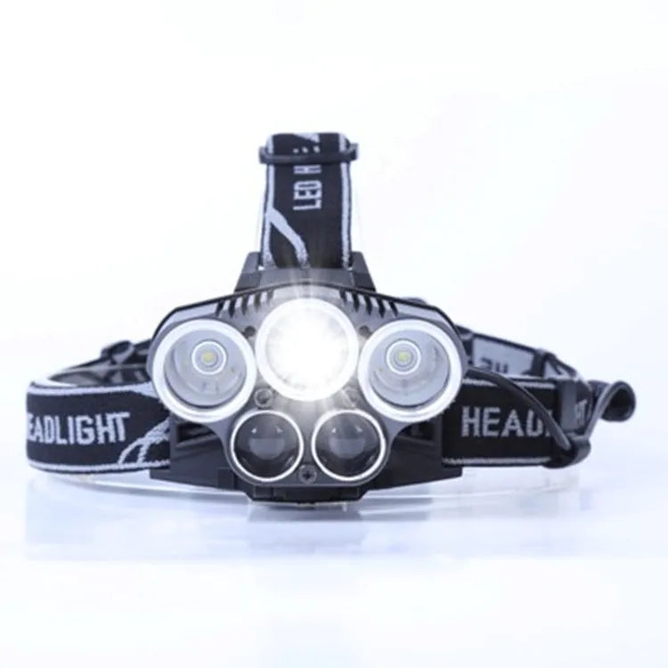 Fixed focus LED head torch with head mount and long-range beam for outdoor camping.