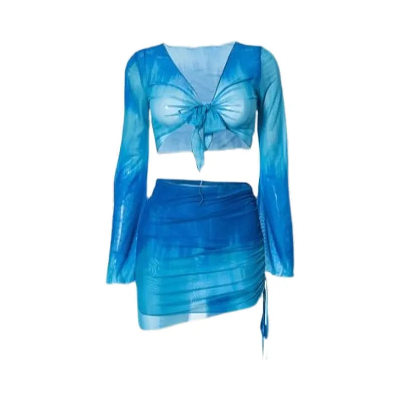 Women's blue four-piece bikini set with high-waist briefs and European-American styling