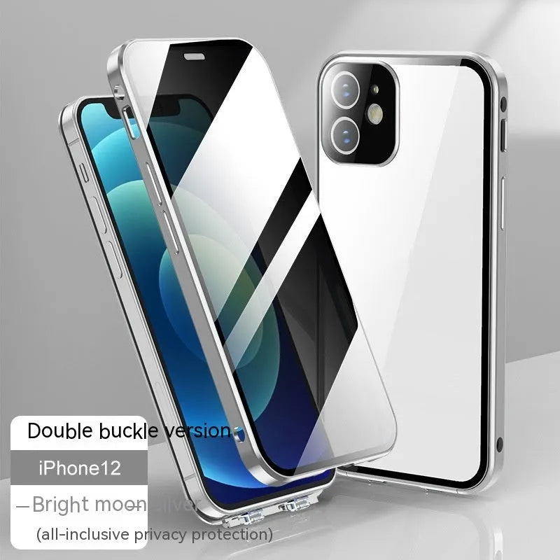 Glass iPhone case with double-sided buckle shown in multiple colours: black, blue, gold, green, and silver grey.