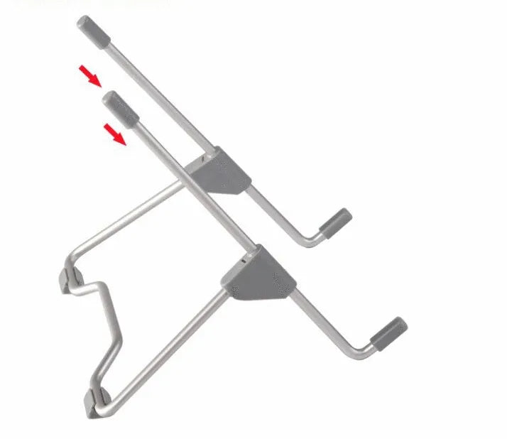 Grey aluminium alloy and plastic mobile phone stand holding a smartphone and tablet at an angle.