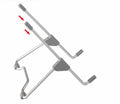 Grey aluminium alloy and plastic mobile phone stand holding a smartphone and tablet at an angle.
