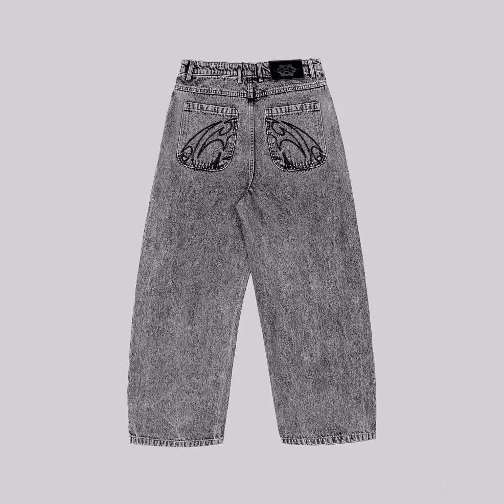 Gray loose straight-leg denim trousers for men and women with mid-waist fit
