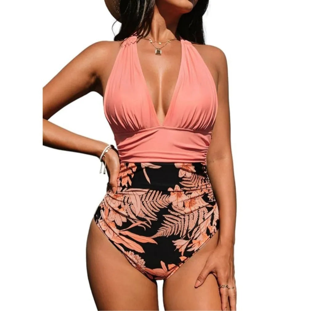 Women's backless halter neck one-piece swimsuit in floral and leopard print patterns