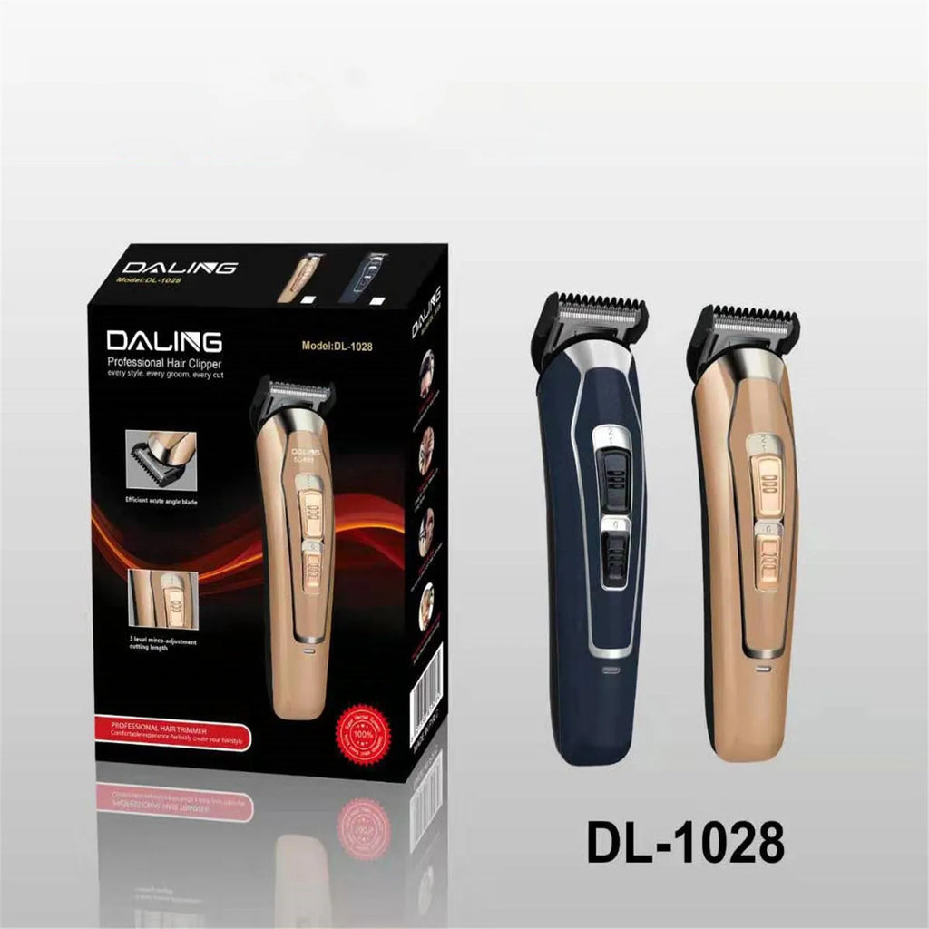 Rechargeable electric hair clipper in dark blue and coffee colours with stainless steel blades