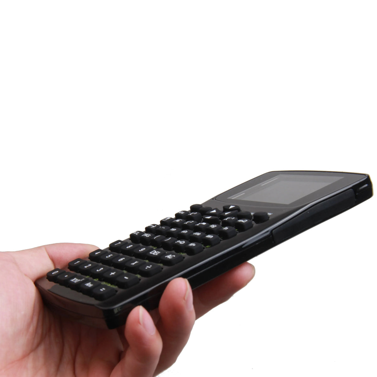 Black multifunctional e-book reader with a 2.8cm screen and an adjustable strap, showing a menu with multiple language options.
