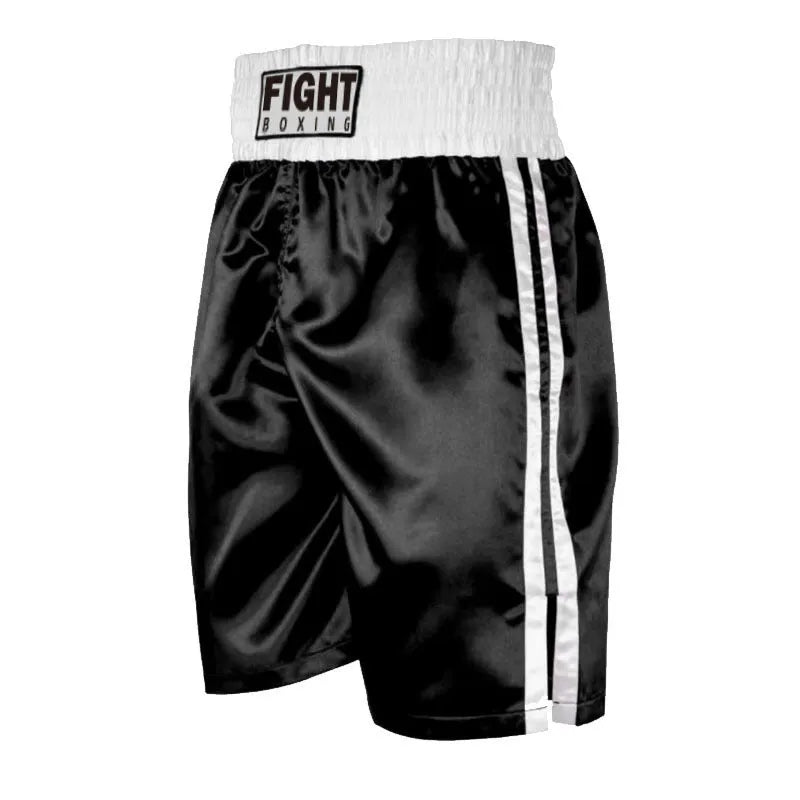 Boxing shorts in multiple colour options including black and red, and black and white side stripes.