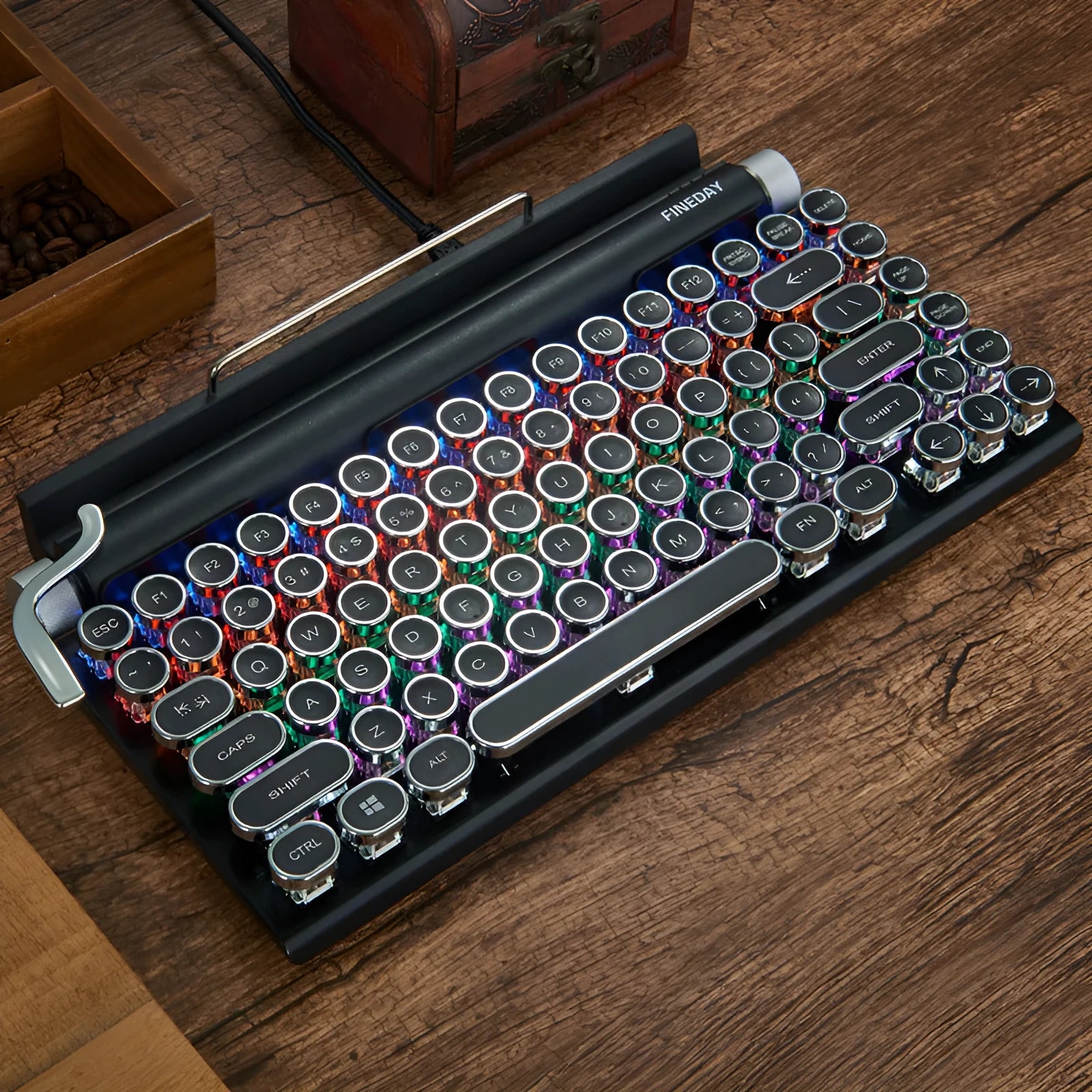 Black retro-style Bluetooth mechanical keyboard with multicolour backlit keys on aluminium frame
