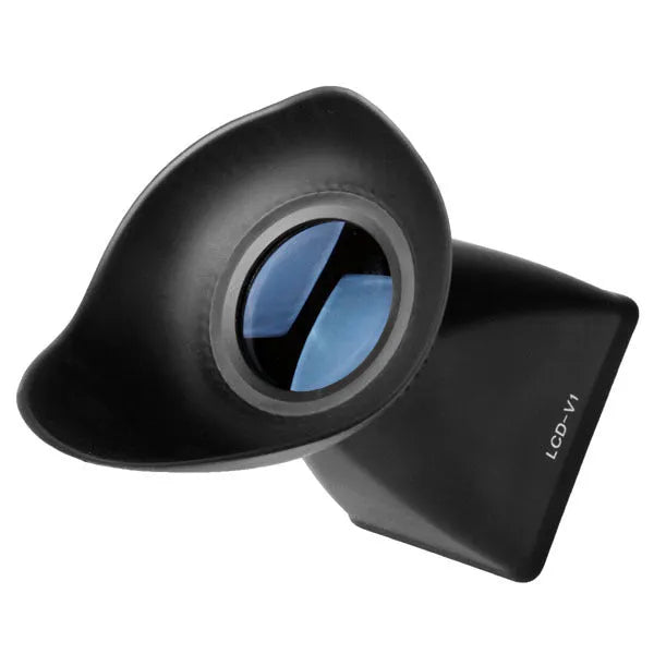 Black camera LCD viewfinder amplifier with magnetic mount attached to a DSLR screen.