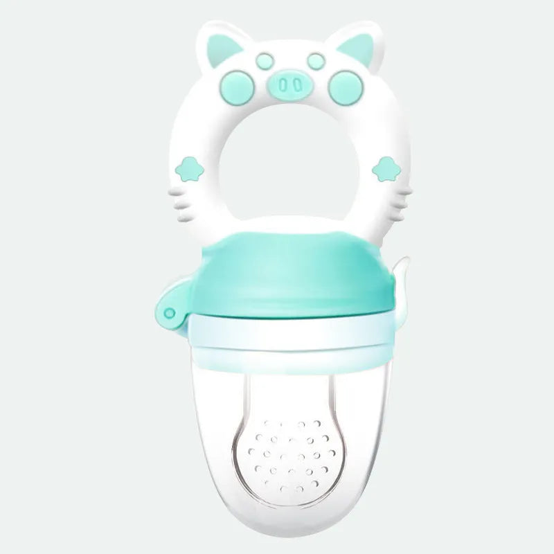 A BPA-free silicone baby teether in blue, showing a single mouthpiece design for infant chewing.