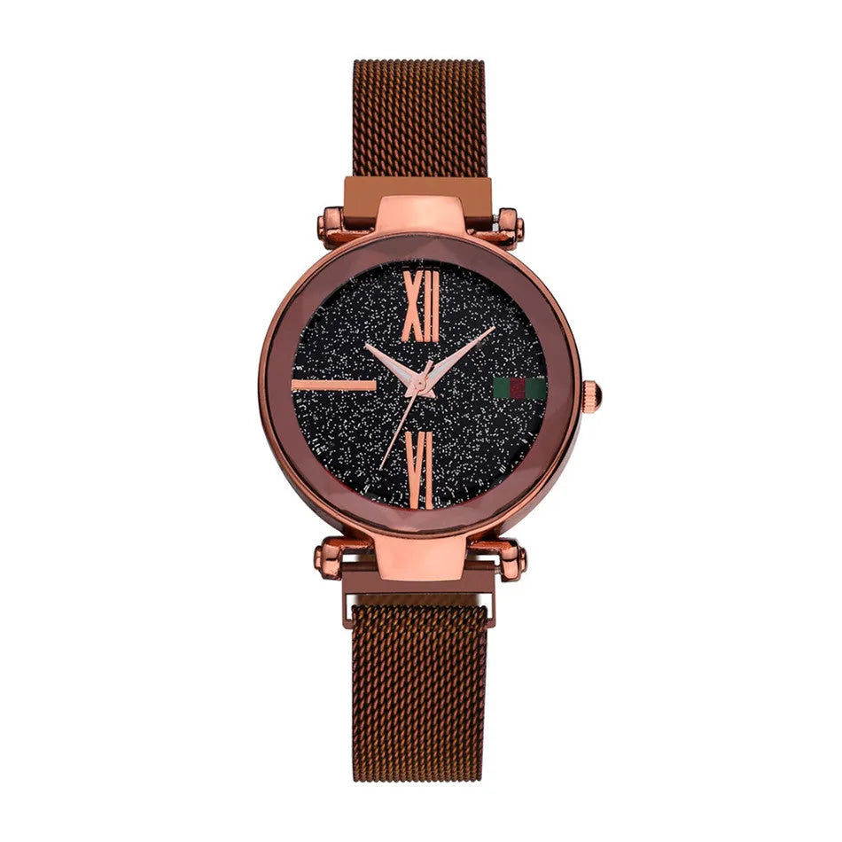 Ladies quartz watch with stainless steel strap and magnet clasp in rose gold colour