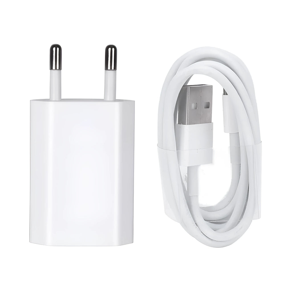 White 5V 2A USB wall charger adapter compatible with iPhone and iPad with optional cable lengths