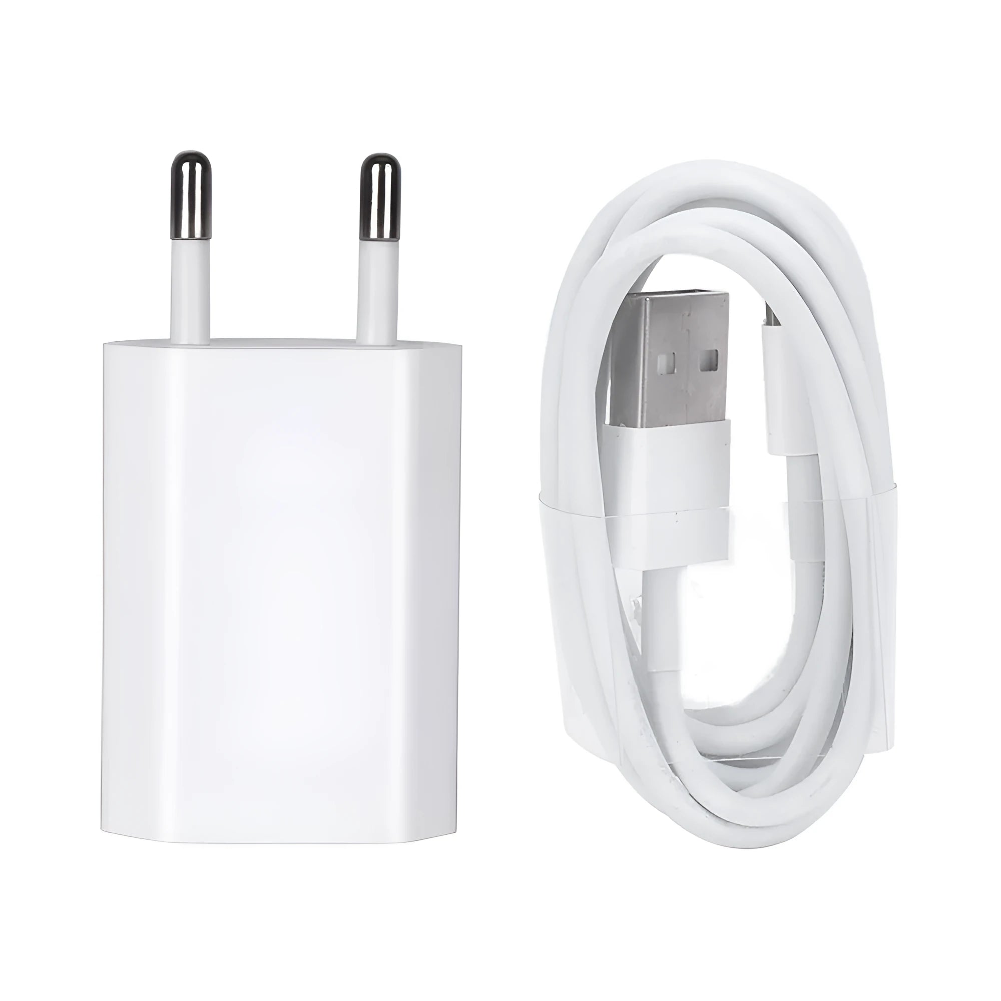 White 5V 2A USB wall charger adapter compatible with iPhone and iPad with optional cable lengths