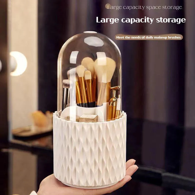White rotating transparent makeup brush storage organiser with dust cover on desktop