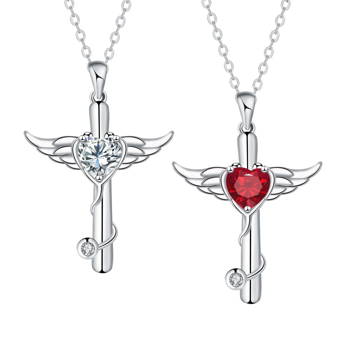 Copper cross stethoscope necklace with wings pendant in white or red diamond electroplated finish