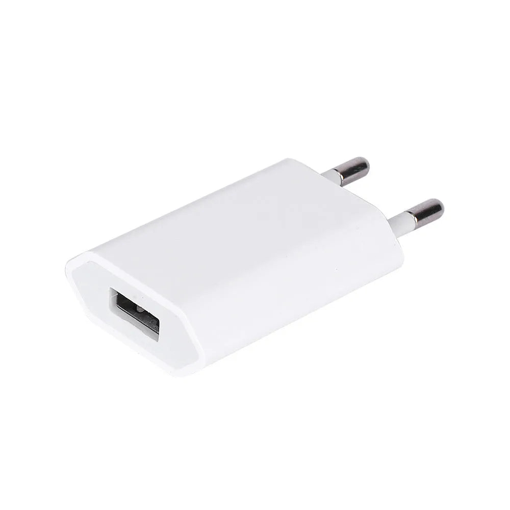 White 5V 2A USB wall charger adapter compatible with iPhone and iPad with optional cable lengths