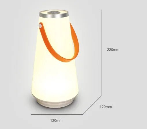 White rechargeable LED bedside lamp with USB charging cable showing dimensions 12x12x22cm