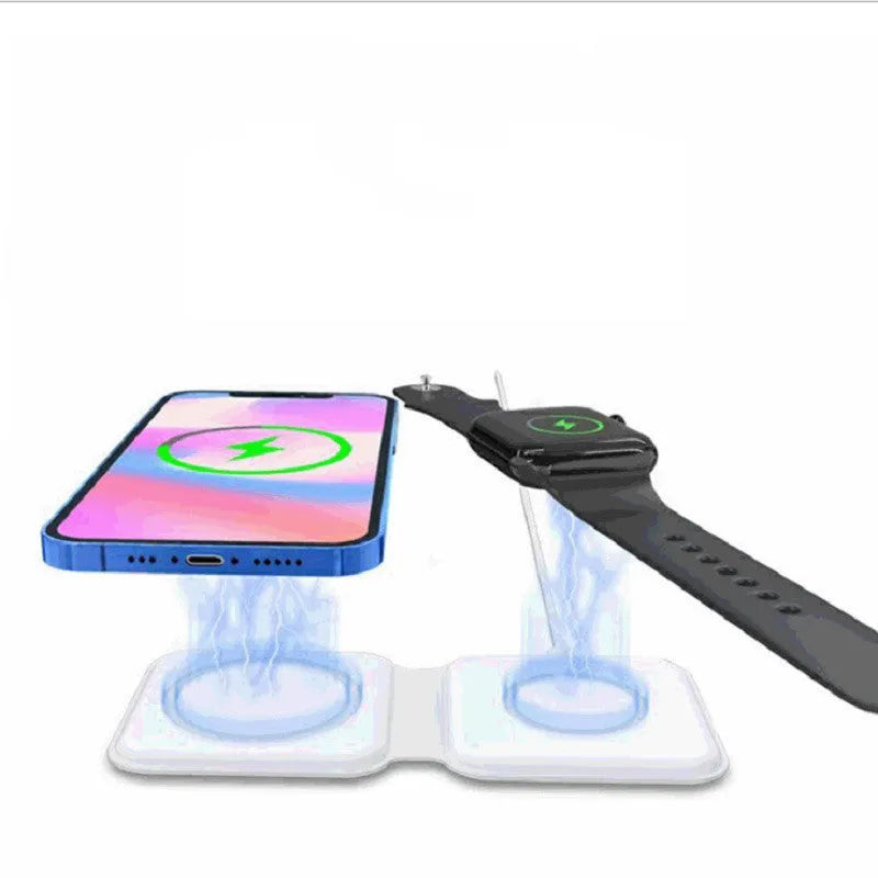 White foldable magnetic wireless charging dock showing dual charging surfaces and compact dimensions