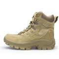 Men's black tactical boots with leather and velvet upper and rubber sole for outdoor use.