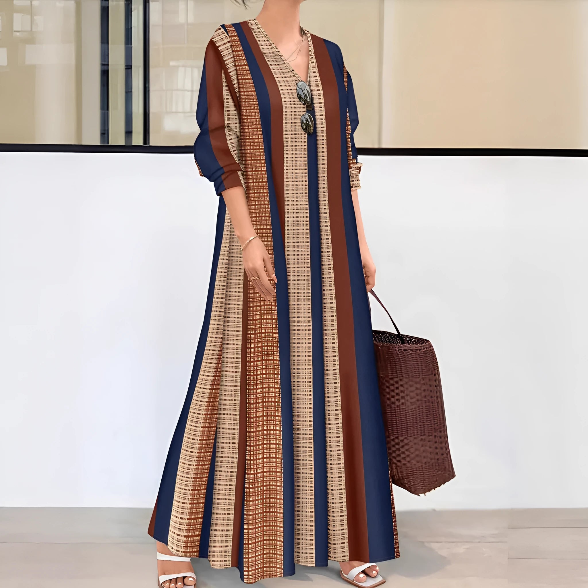 Camel vertical striped knitted long dress with V-neck and A-line skirt in Japanese casual style