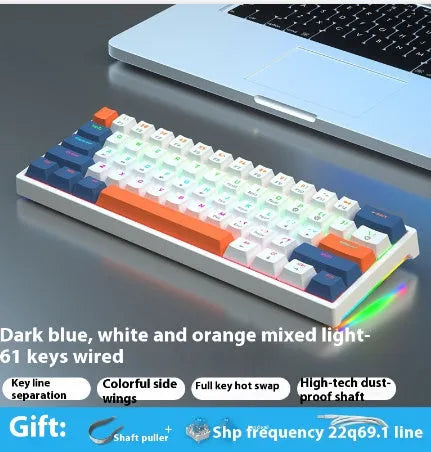 Blue and white 61-key compact mechanical keyboard with hot-swappable switches on black background