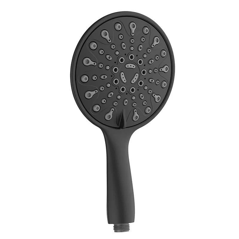 Silver electroplated handheld shower head with six function selector on a 6-inch face.