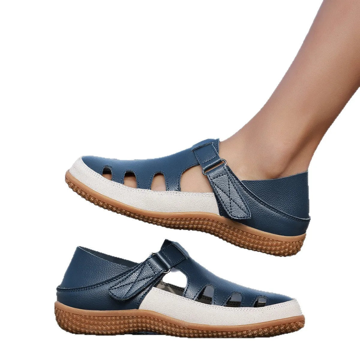 Women's plus size flat heel sandals with hollow toe cap design in blue colour showing thick rubber sole