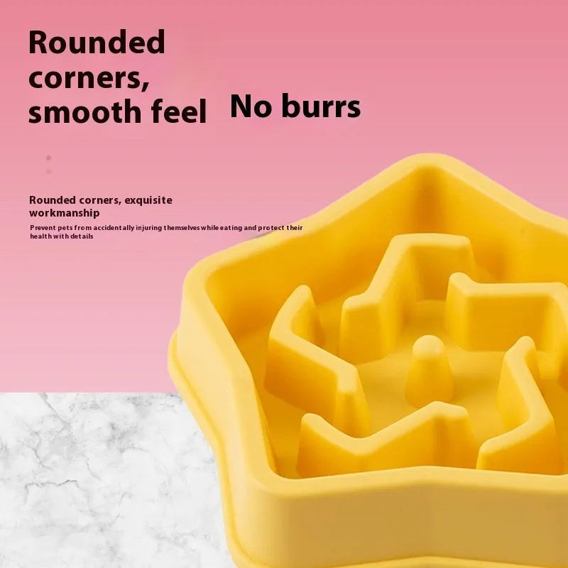 Yellow plastic dog slow feeder bowl with raised ridges at base measuring 20.1cm across