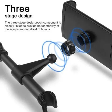 Black universal car phone holder mounted on a rear car seat, holding a tablet for navigation.