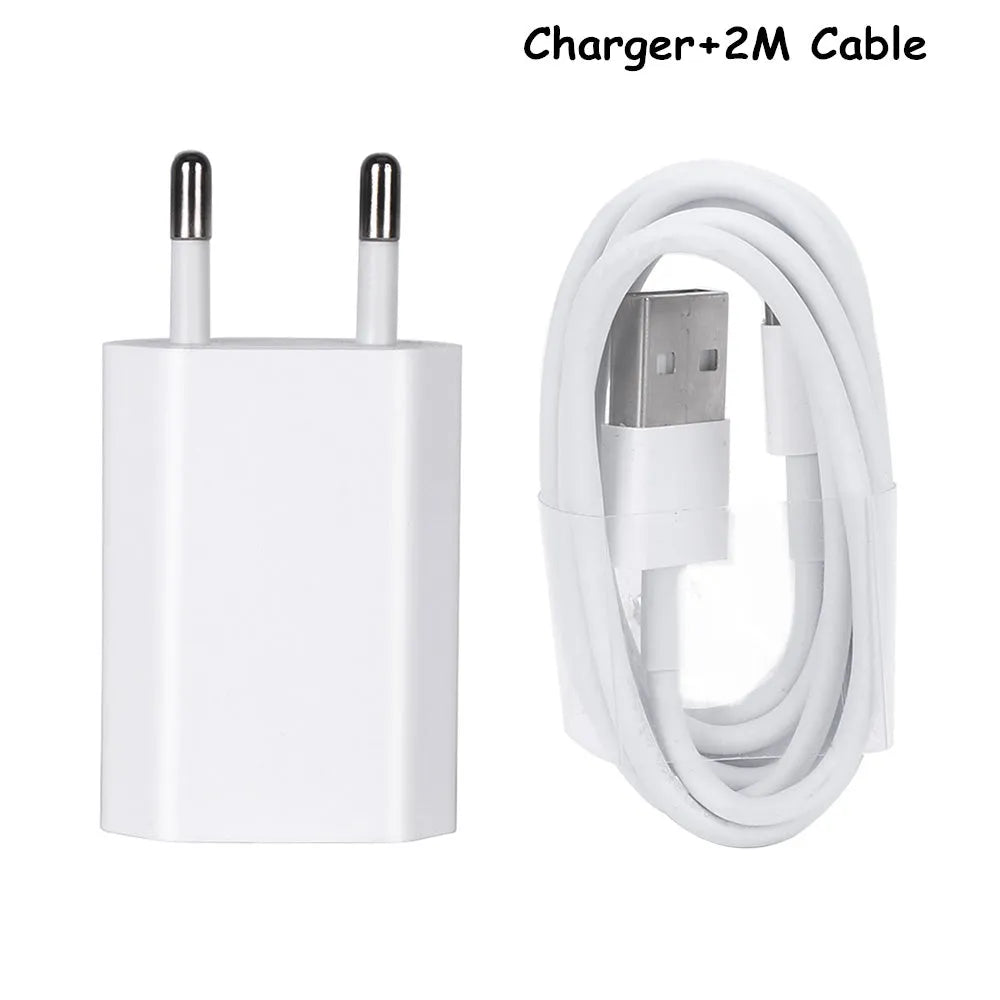 White 5V 2A USB wall charger adapter compatible with iPhone and iPad with optional cable lengths