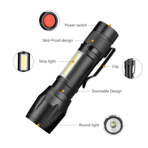 Small black aluminium telescopic LED torch with pocket clip shown extended and retracted.