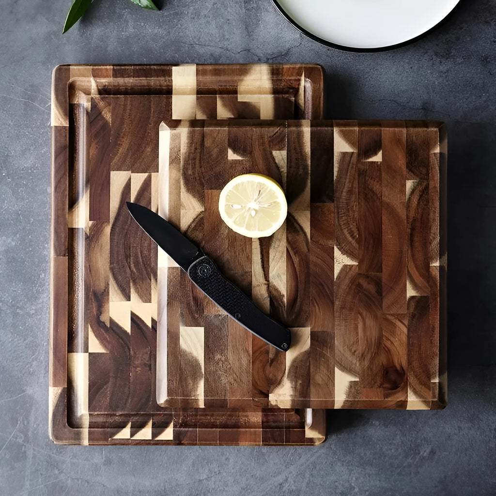 Brown parquet pattern solid wood cutting board made from imported acacia with 3cm thickness