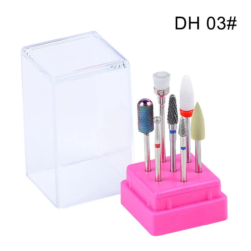 Tungsten steel nail drill polishing head set with six bits and a brush in a transparent case.