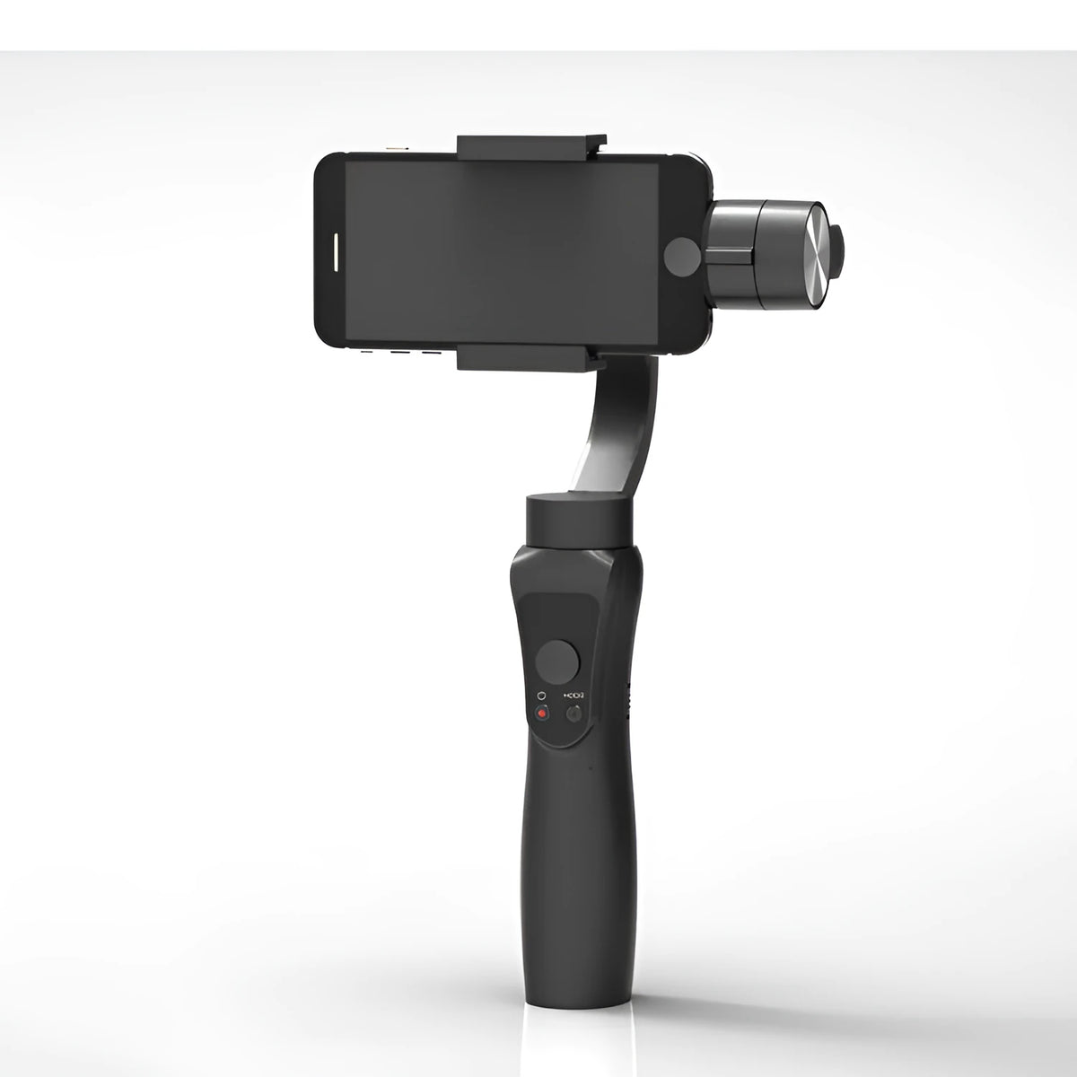 Black three-axis mobile phone gimbal stabilizer for smartphones under 6.5 inches with adjustable rotation speeds