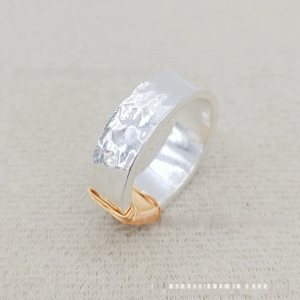 Copper simple bracelet wide face ring with electroplated silver golden coil finish showing geometric modelling