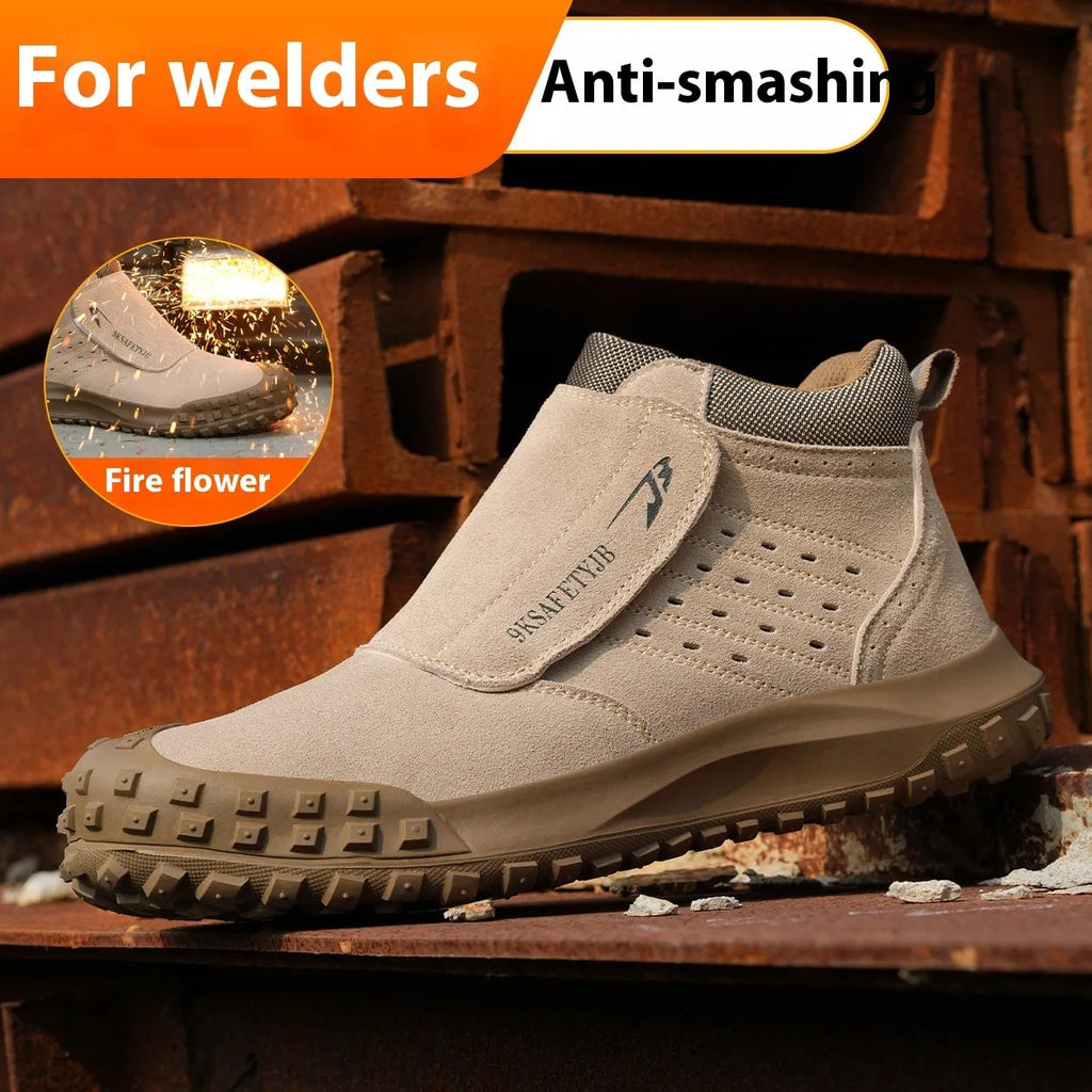 Lightweight welder labour protection shoes with steel toe cap in sand colour on a workbench.