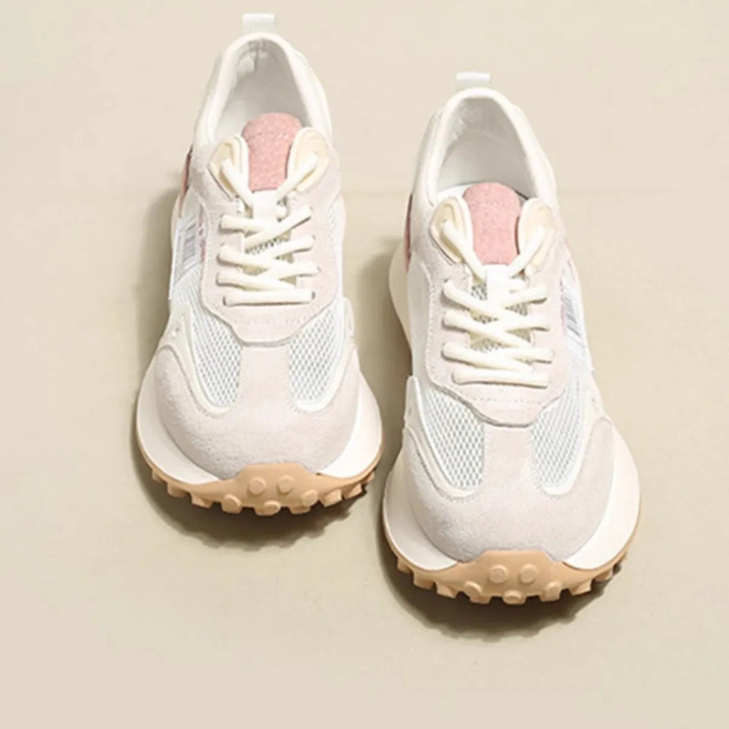 Women's grey and pink retro sneakers with mesh lining and rubber soles in low-top flat heel design