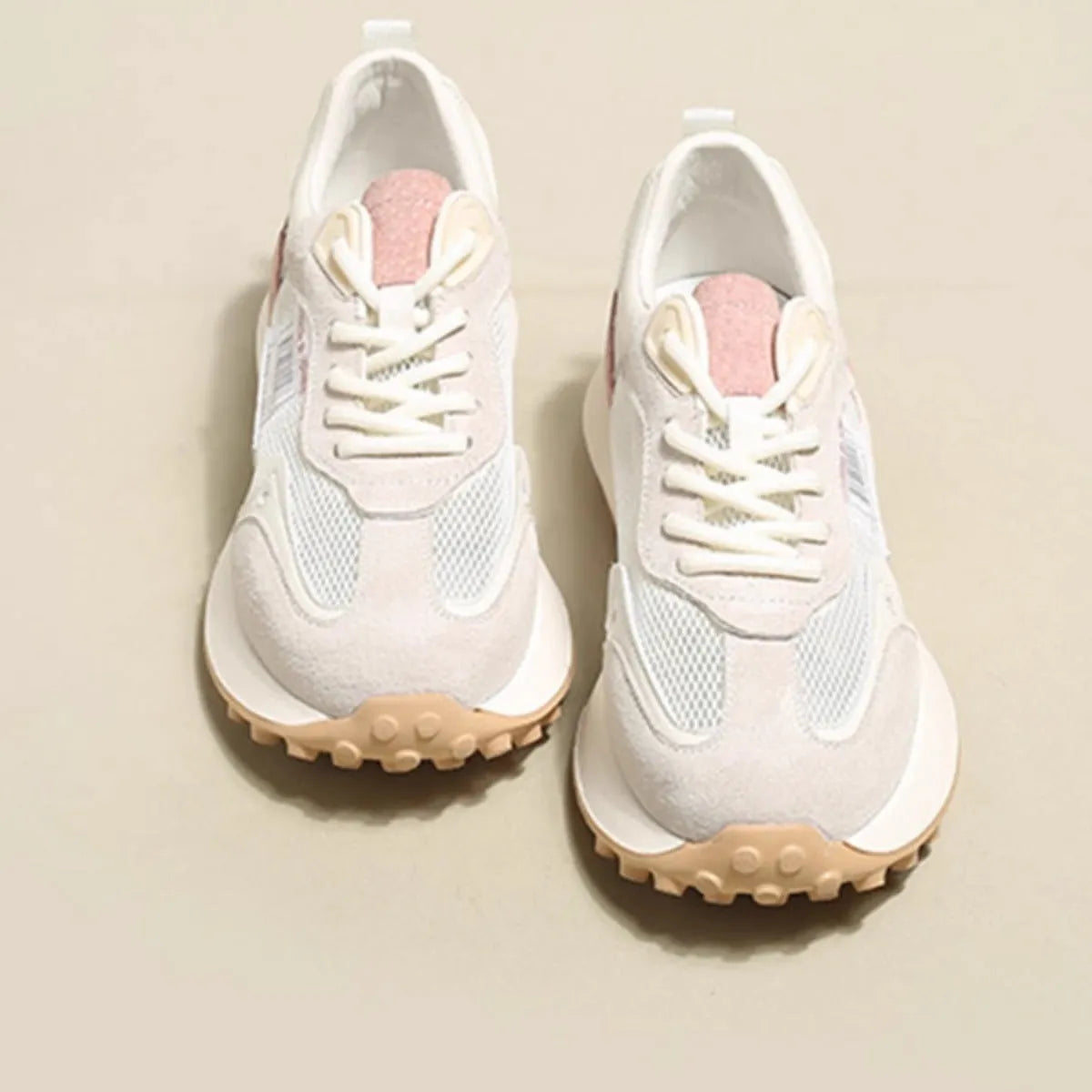 Women's grey and pink retro sneakers with mesh lining and rubber soles in low-top flat heel design