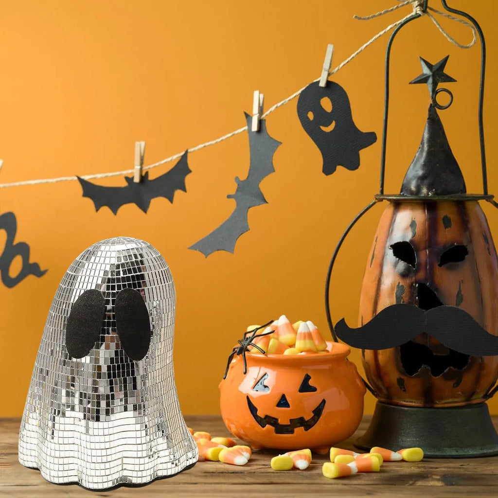 Silver Halloween ghost desktop decoration with mosaic mirror patch inlay on glass.