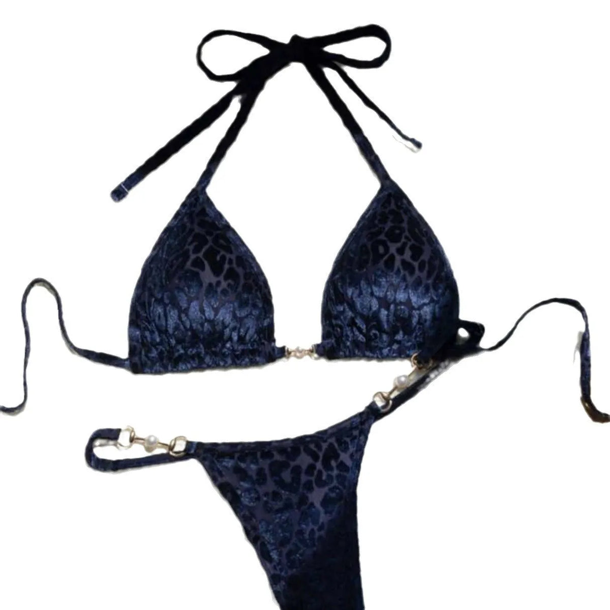 Women's leopard print bikini set in blue, green, and multicolour patterns with T-shaped design