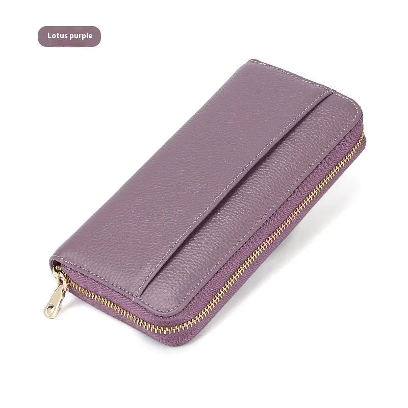 Genuine leather long wallet for women in six colour options showing bifold design and card compartments