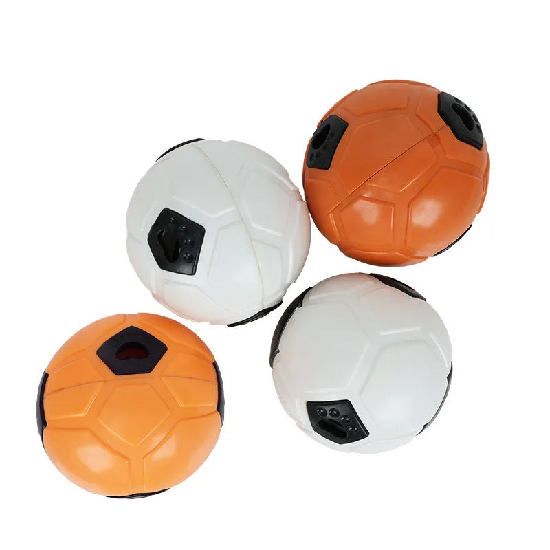 Orange and white TPR rubber dog ball toy shown in hollow and teeth cleaning rod designs.