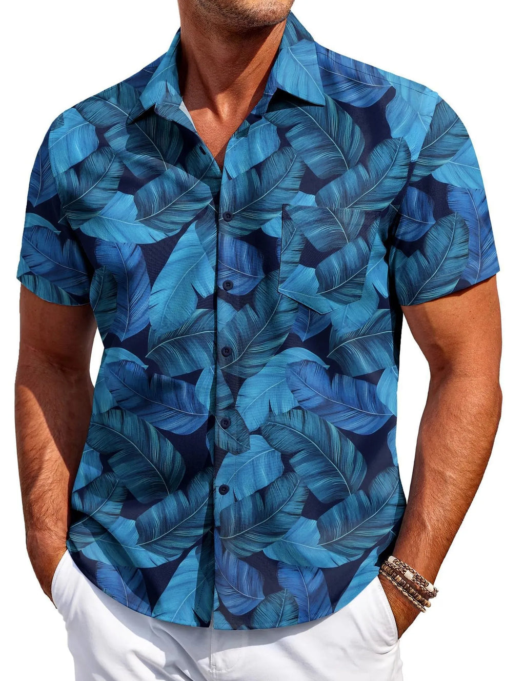 Man wearing a slim fit, short sleeve Hawaiian print shirt in a cardigan style.
