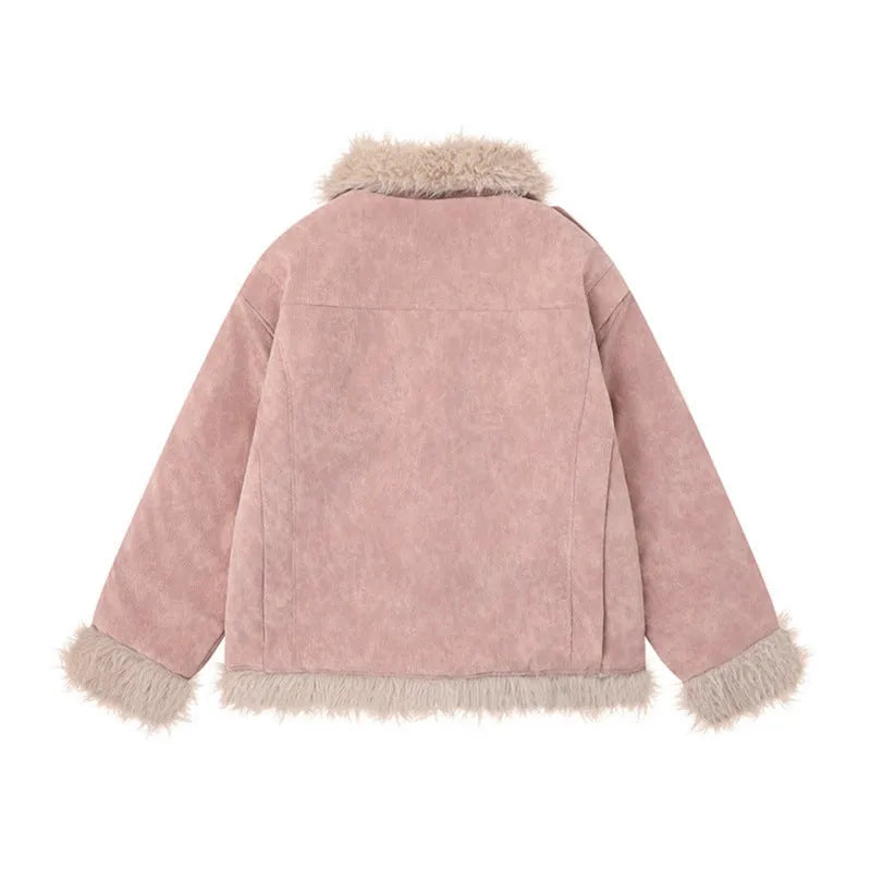 Women's retro lamb wool coat in black, brown, or pink, loose fit polyester, sizes S to XL